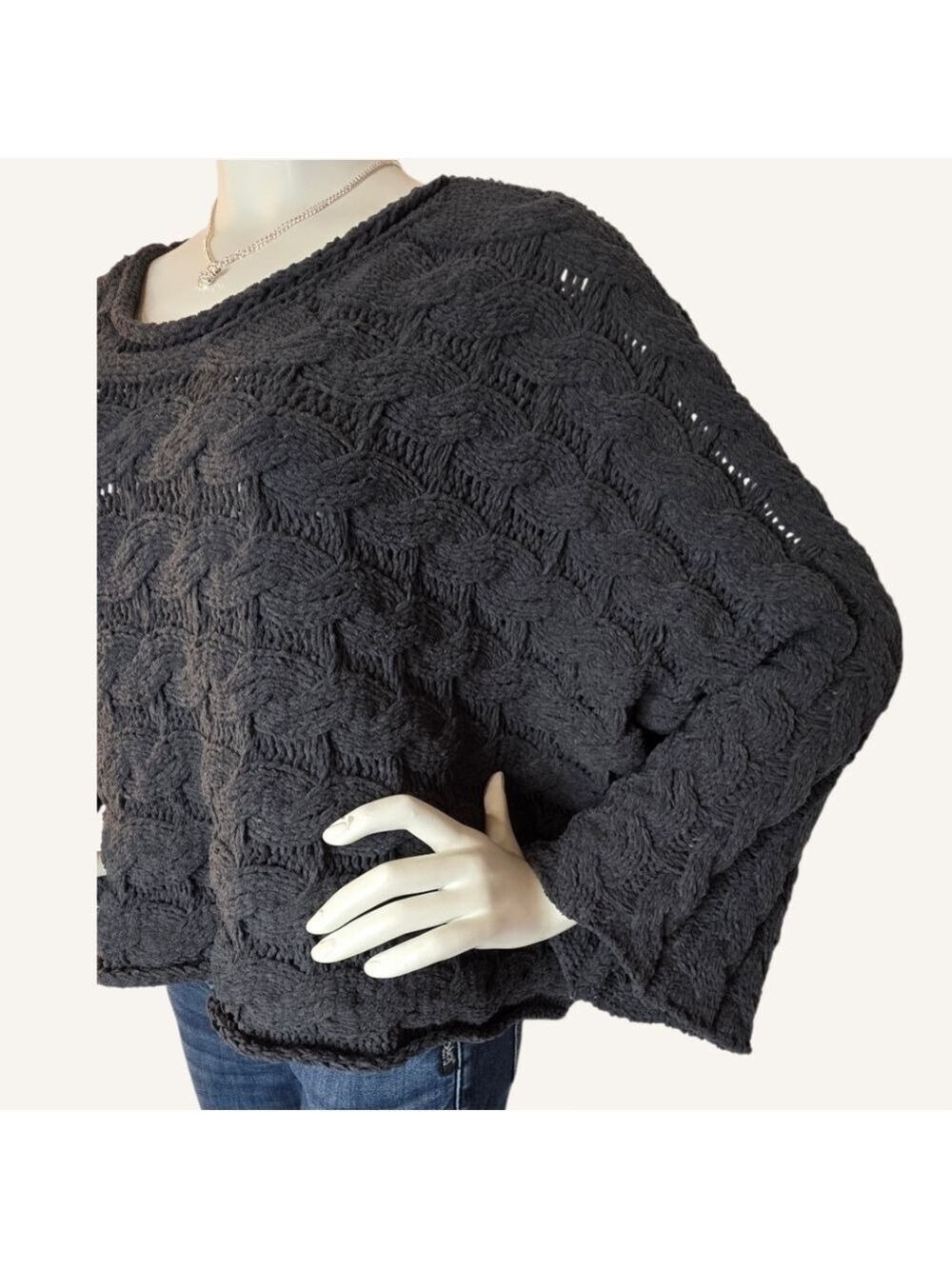 POL Cropped Cable Knit Sweater Gray | Quiet Luxury Coastal Cowgirl | S M L NWOT - Picture 3 of 10